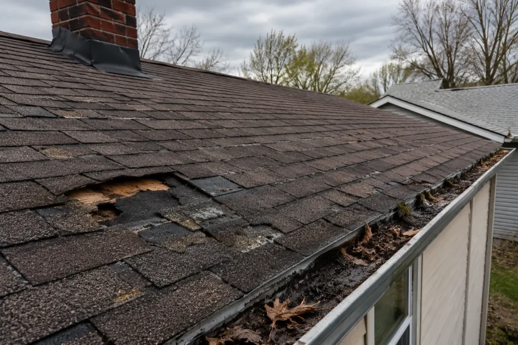 Damaged roof and cluttered gutter inspection