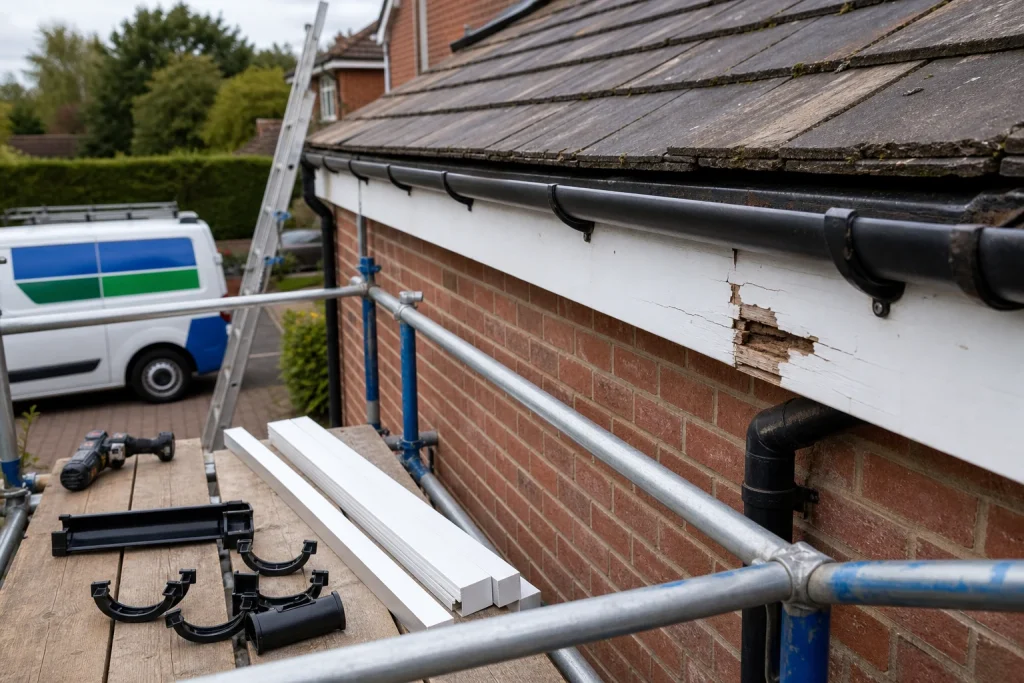 Damaged fascia board causing a roof gutter to sag out of line