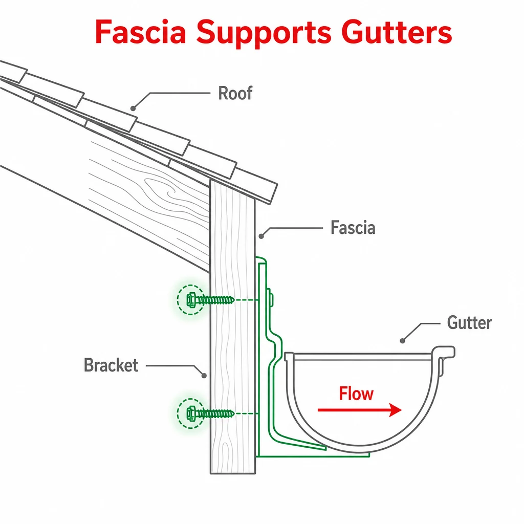 Diagram showing how fascia boards support gutter brackets