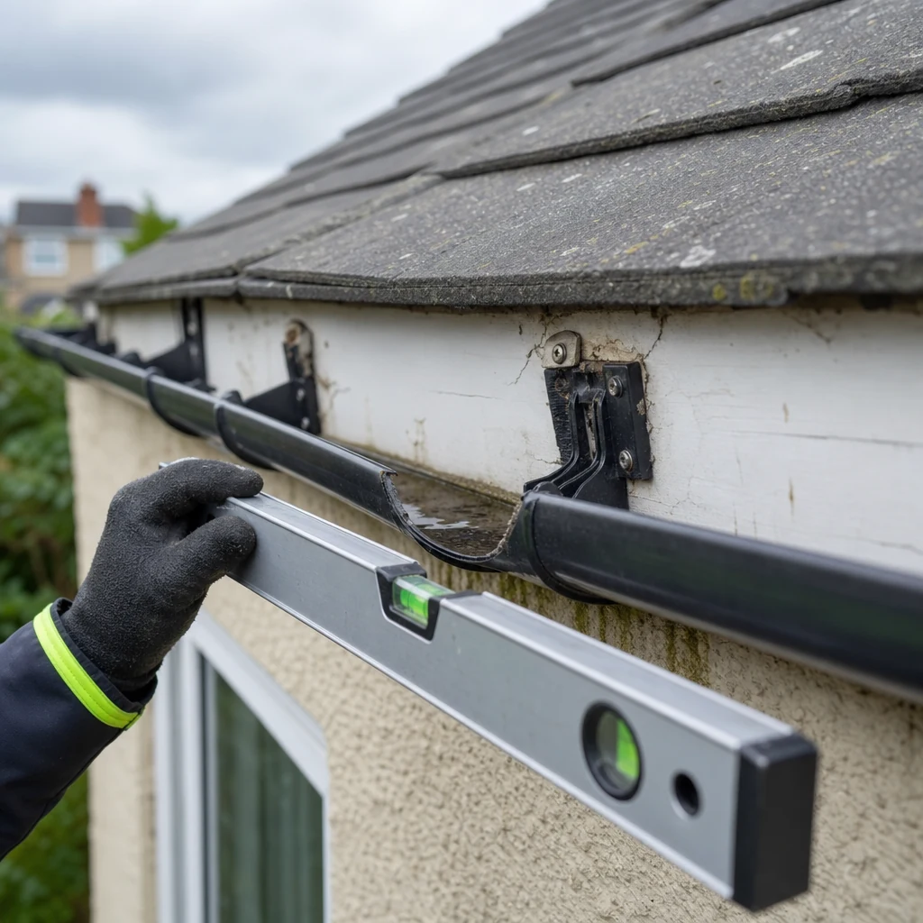 Gloved hands checking a sagging gutter fixed to damaged fascia