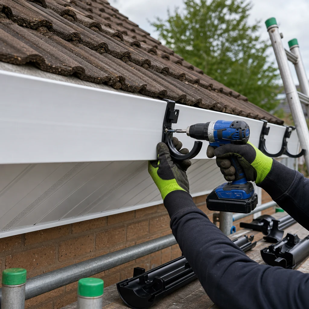 Gloved roofer fitting new fascia and gutter brackets neatly