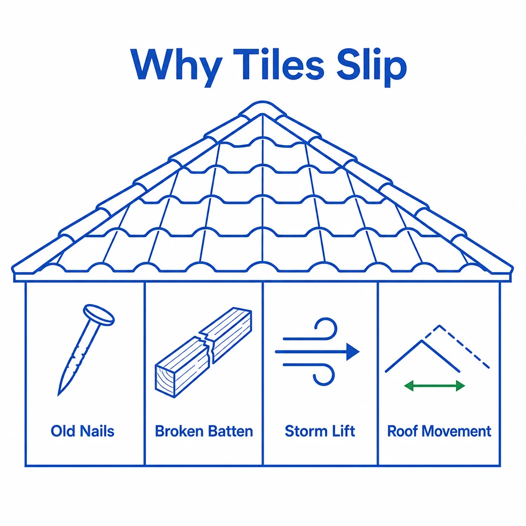 Graphic showing common causes of slipped roof tiles.