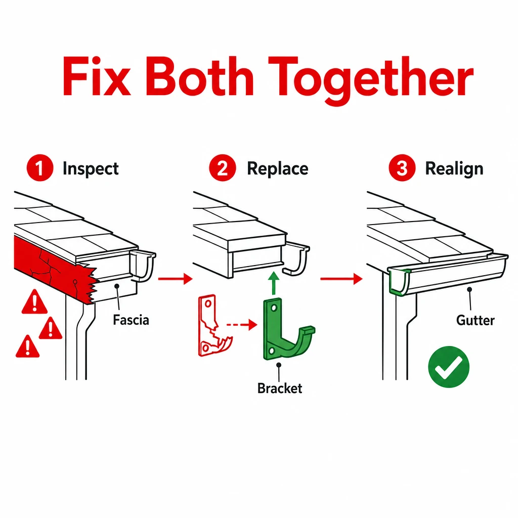 Process graphic showing fascia repair and gutter realignment together