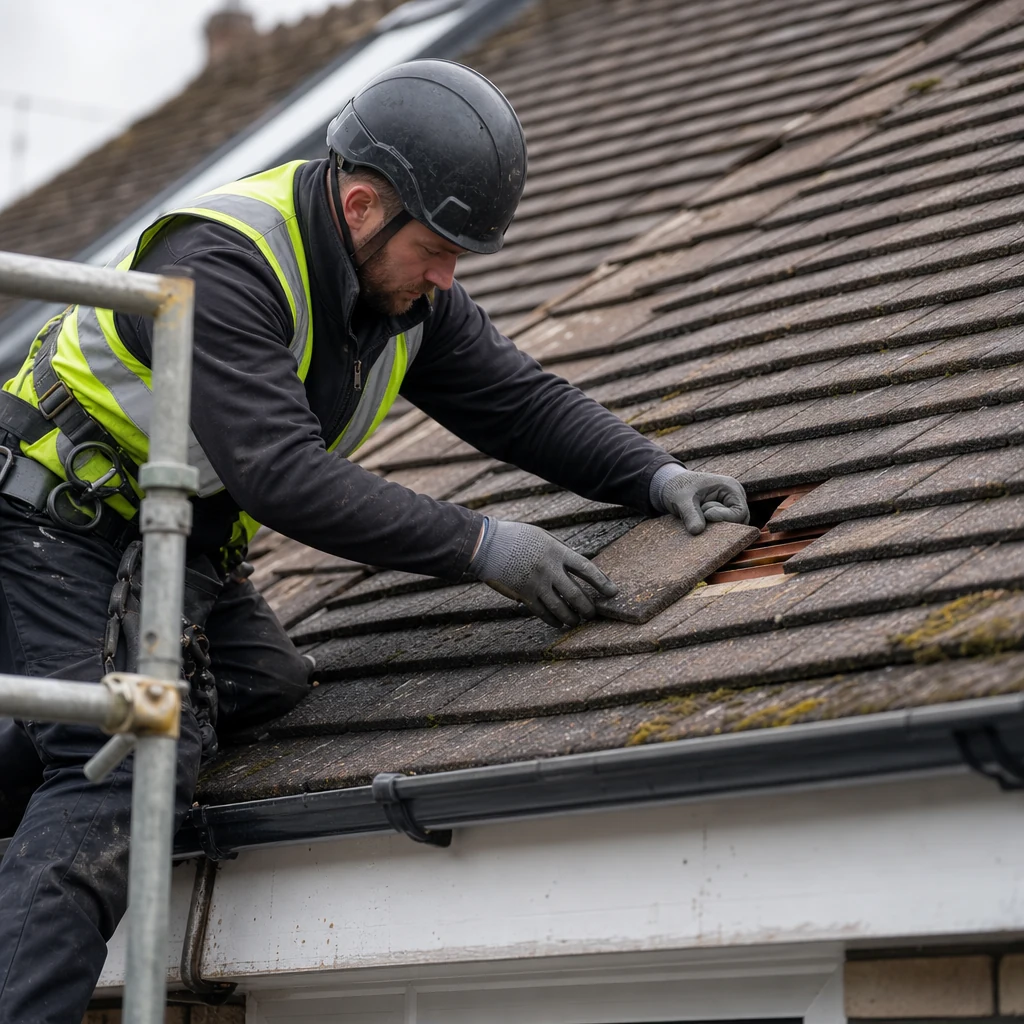 Roofer refixing a slipped tile neatly into place.