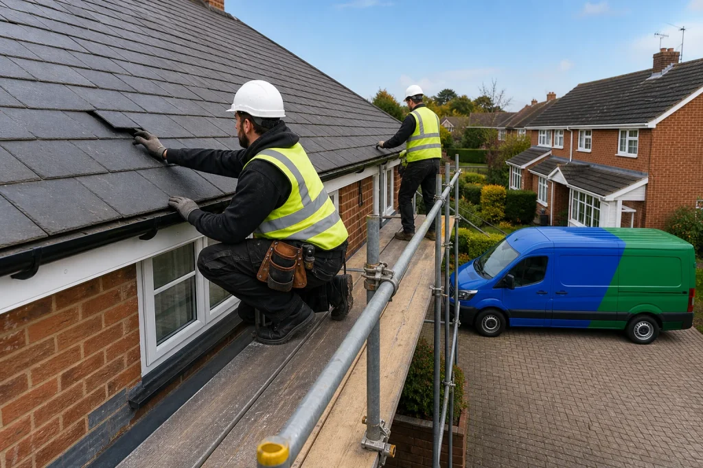 Roofers on scaffolding repairing a slipped slate tile on a pitched roof.