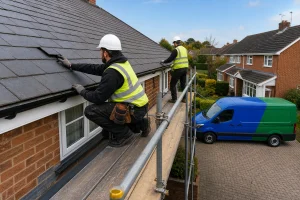 Roofers on scaffolding repairing a slipped slate tile on a pitched roof.