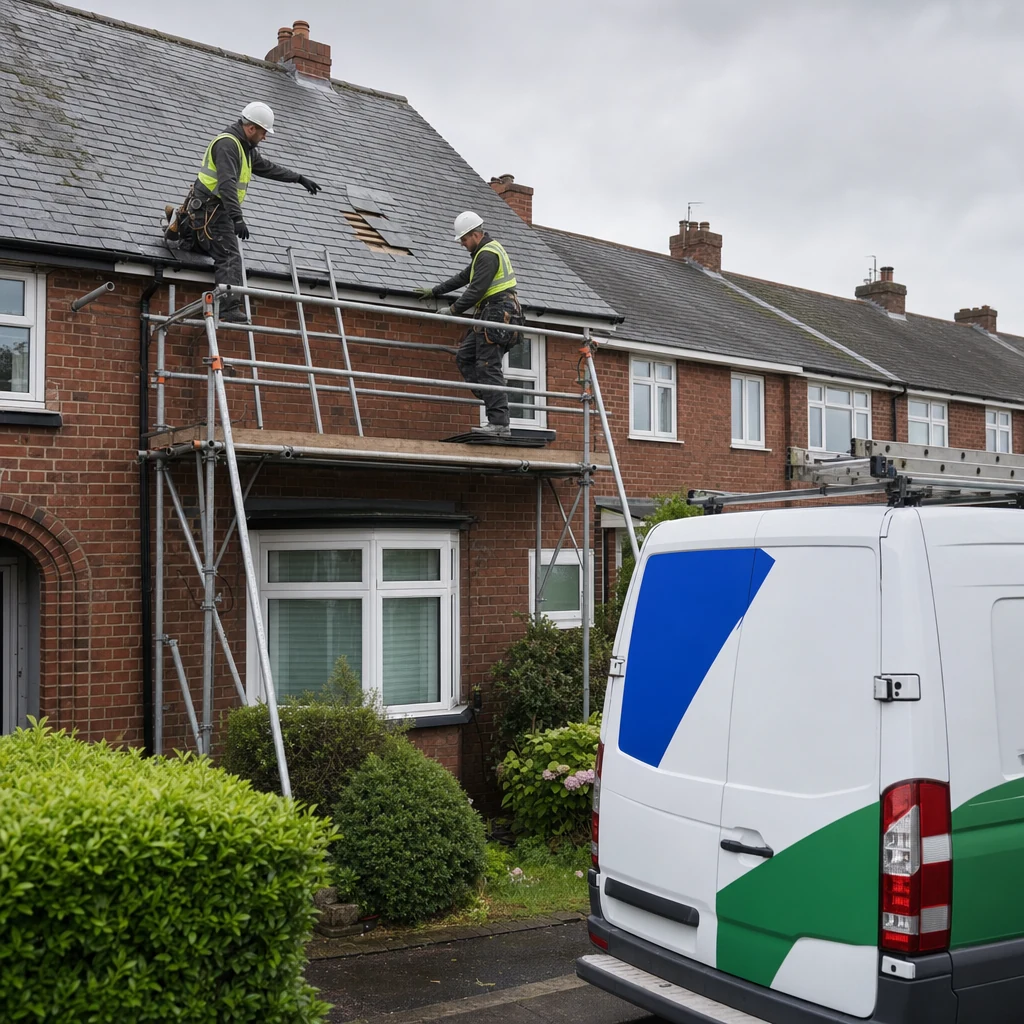 Roofers safely assessing slipped slates from scaffolding.