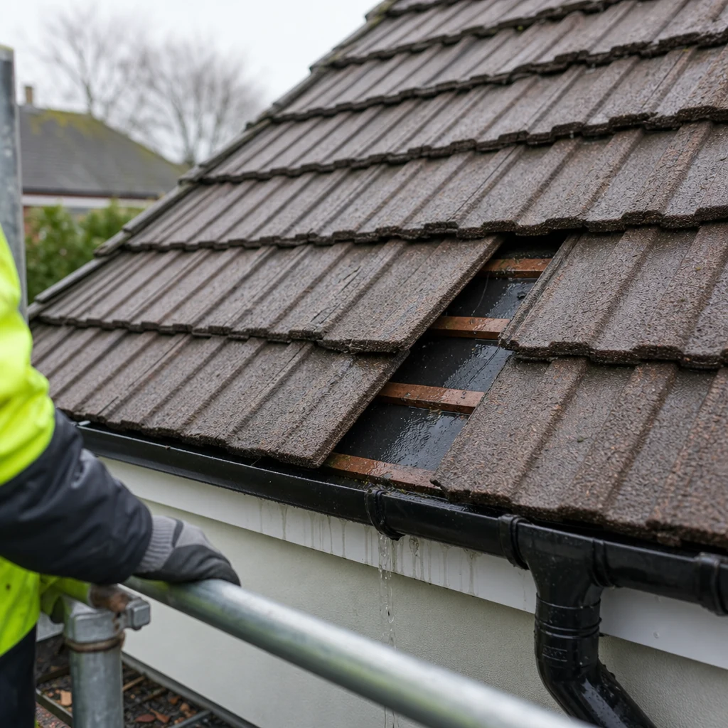 Slipped roof tile exposing underlay and wet battens above a gutter.