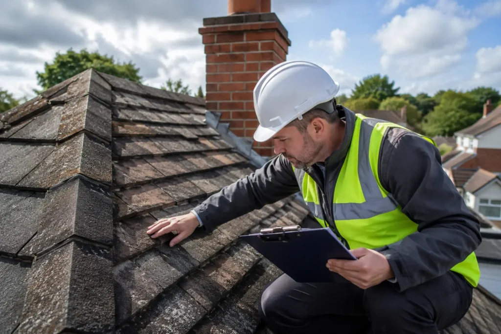 Professional roofer inspecting roof tiles and chimney during a residential roof inspection