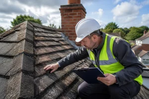 Professional roofer inspecting roof tiles and chimney during a residential roof inspection