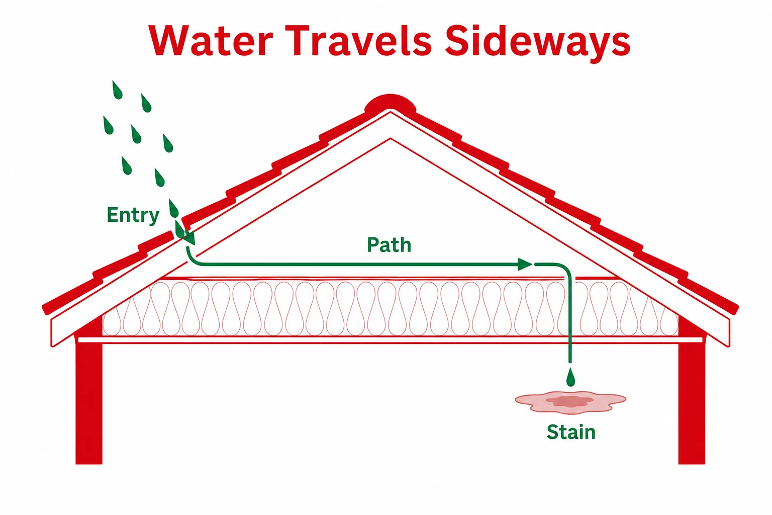 Diagram showing water travelling sideways before staining a ceiling