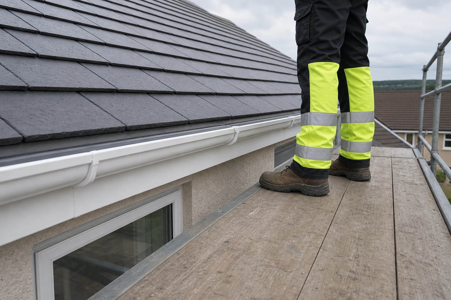 Roofer legs on scaffold beside a tidy roof and gutter line