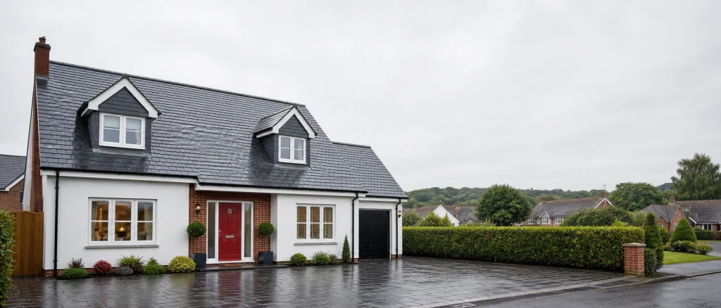Tidy UK home with a wet pitched roof after rain