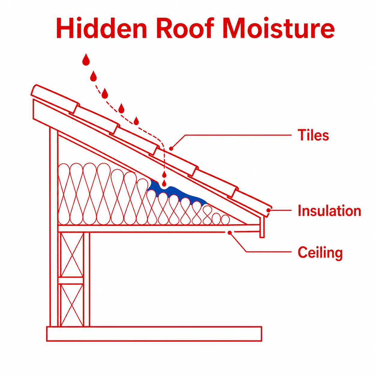 Graphic showing hidden moisture in roof layers after a leak