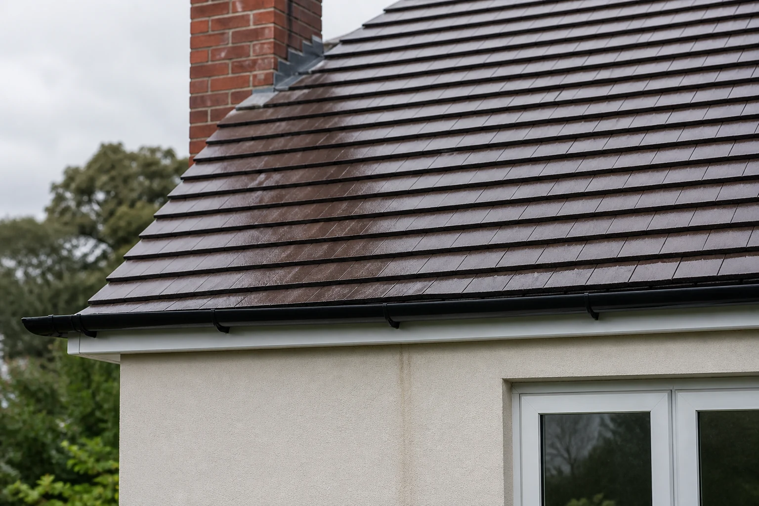 Roof junction and gutter showing a small intermittent leak mark