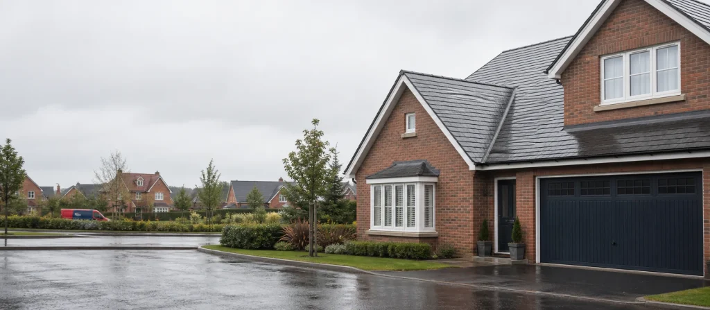 Tidy UK home with a damp area near the roof after rain
